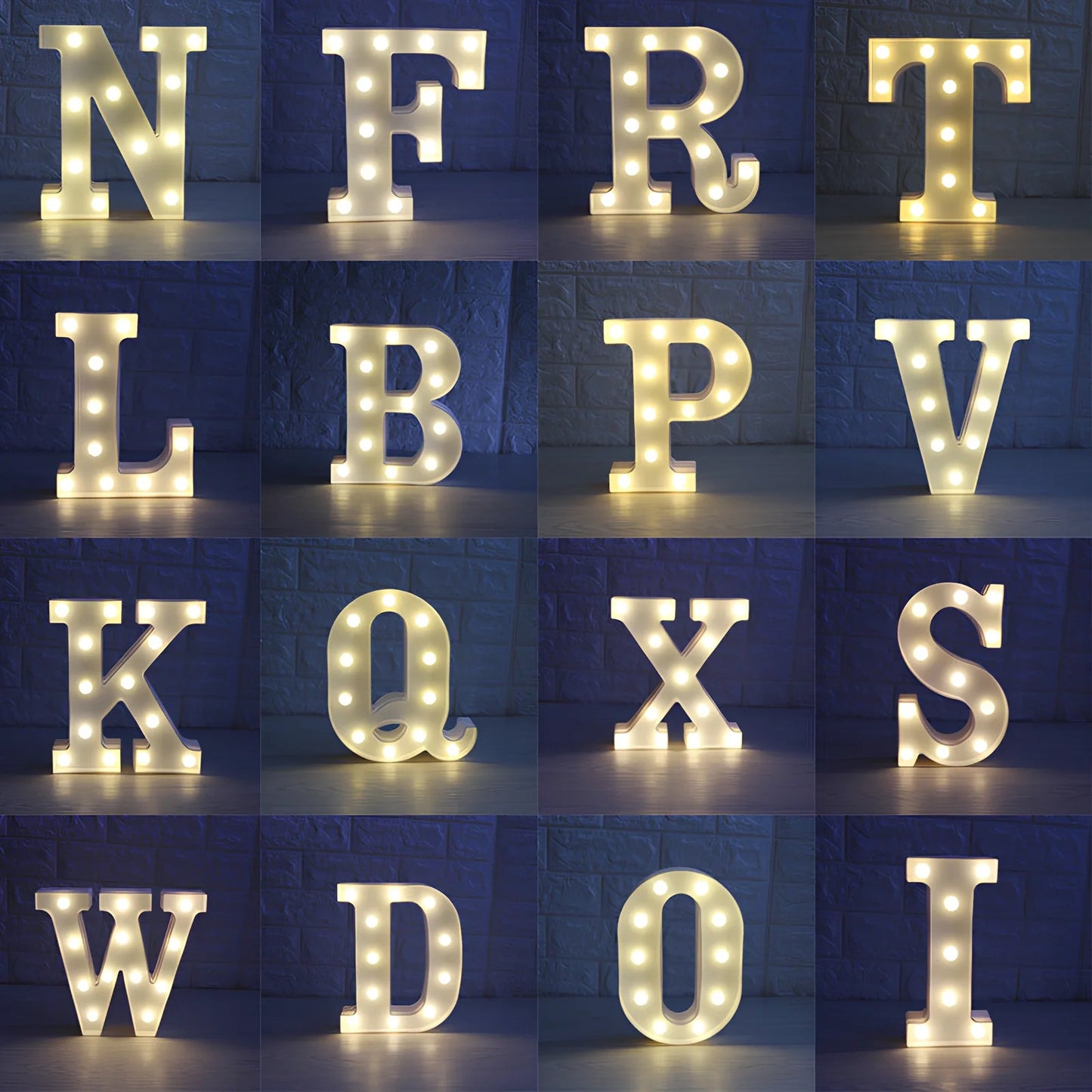 White plastic LED alphabet marquee sign with warm white illumination, 22cm height with battery operation