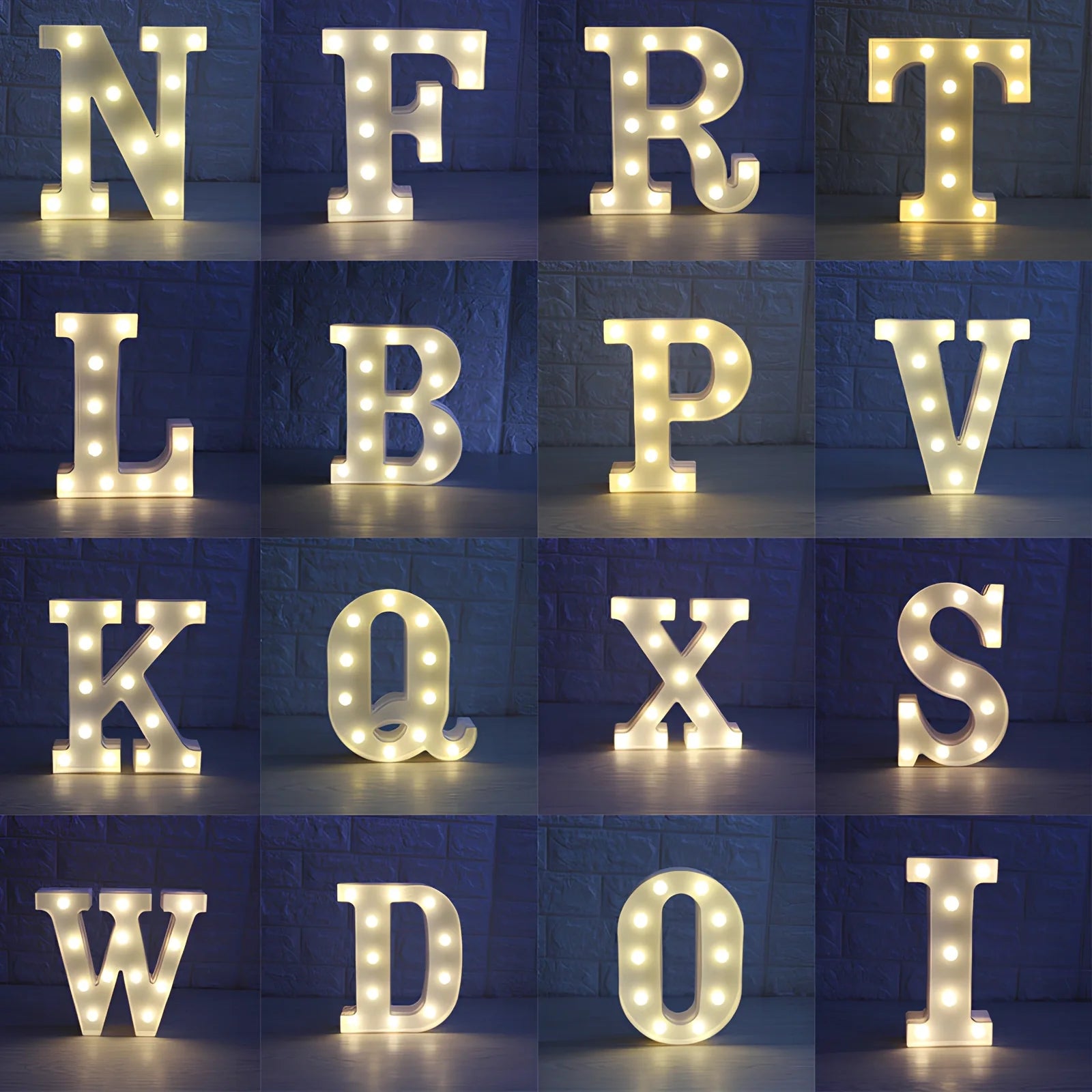 White plastic LED alphabet marquee sign with warm white illumination, 22cm height with battery operation