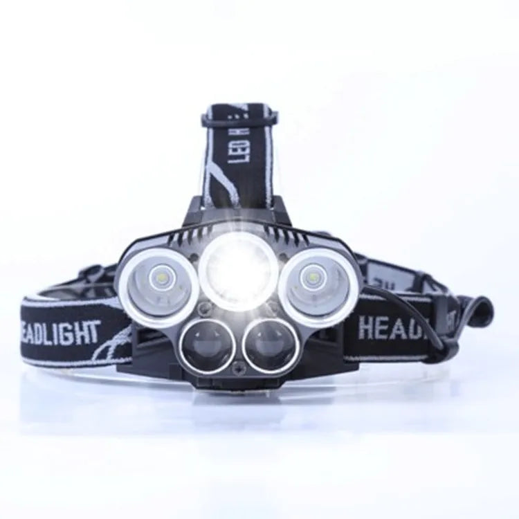Fixed focus LED head torch with head strap, shown illuminating a long distance.