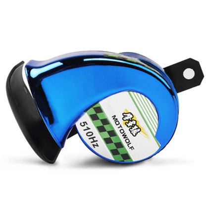 12V motorcycle horn in black measuring 12.7x8.1cm with 110dB output