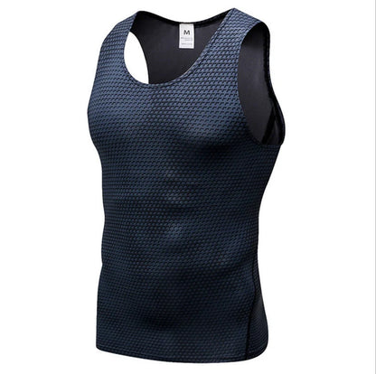 Men's sports vest in polyester fibre, available in blue, black, red, white, and grey
