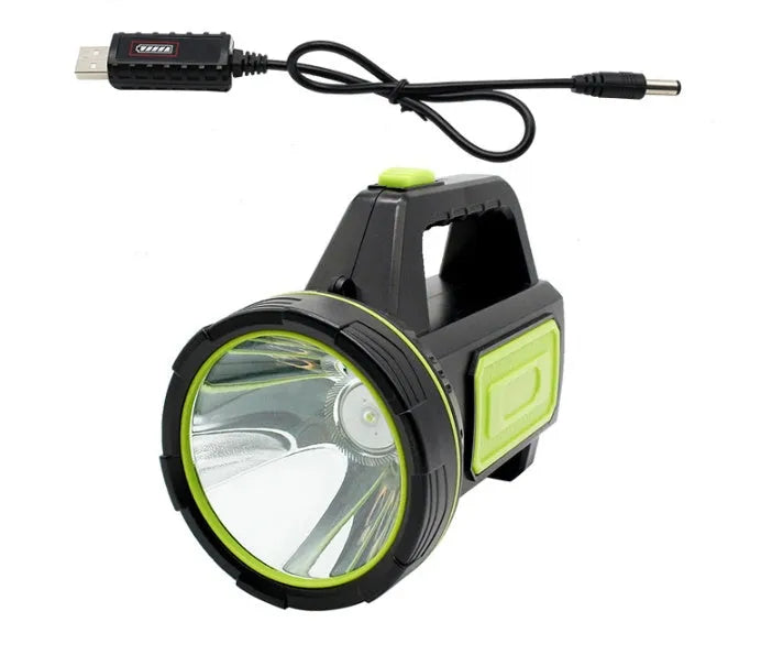 Green USB rechargeable LED flashlight with 500 metre beam range shown as both handheld and table light