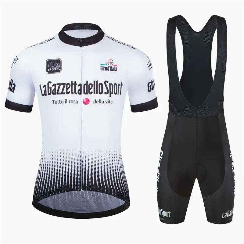 Unisex short sleeve cycling suit in breathable polyester for road biking, shown in a colour option.