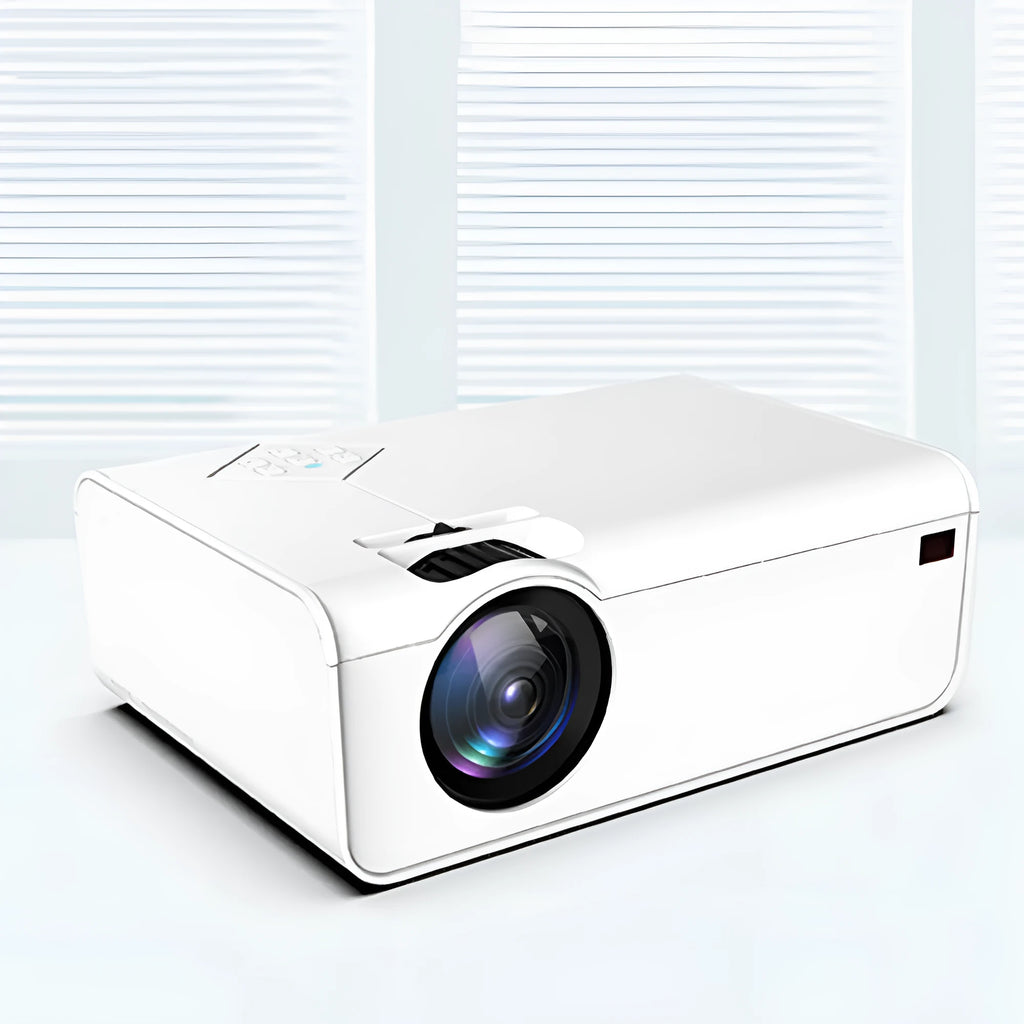 Pearl white Android smart HD micro projector on desk with projected screen 220-124cm