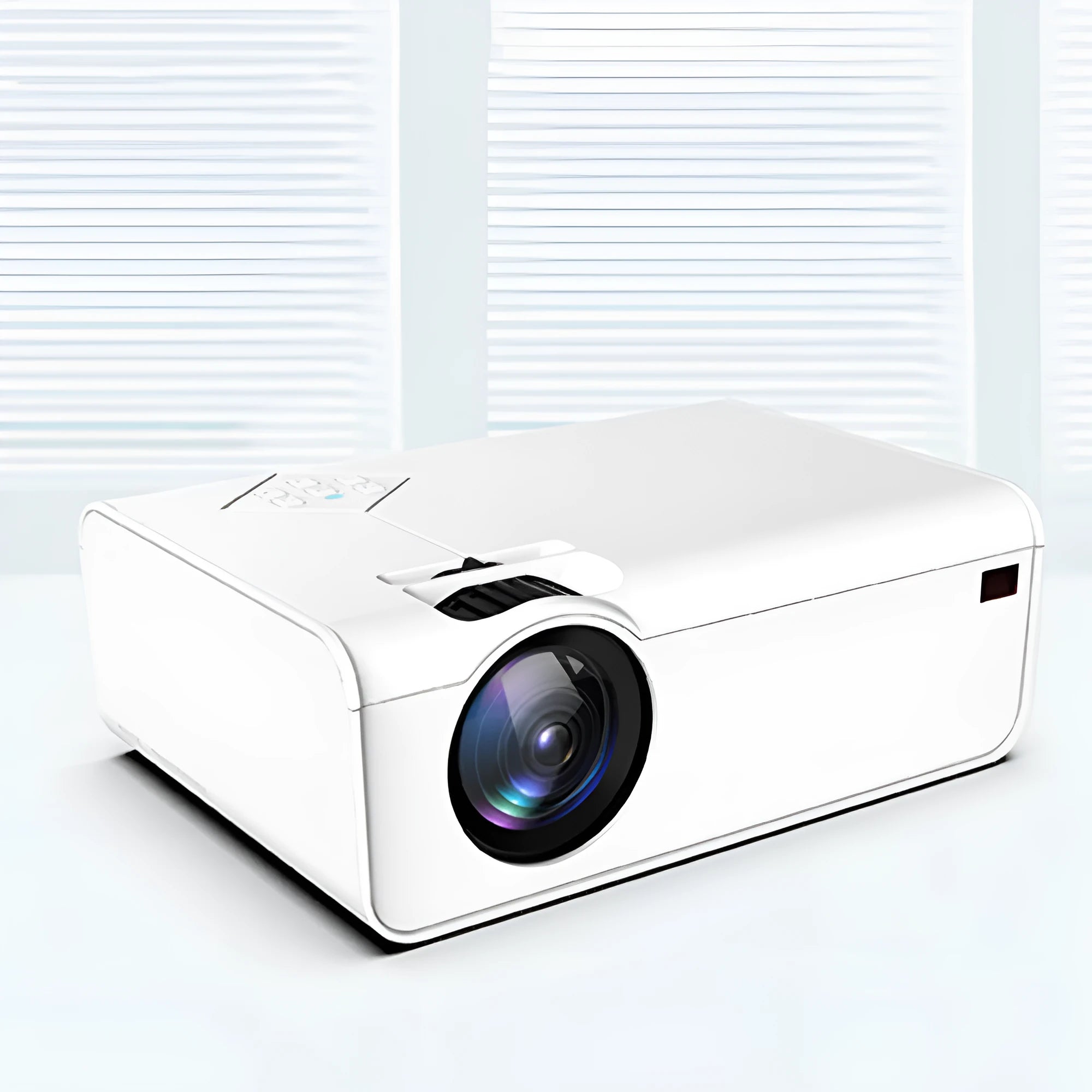 Pearl white Android smart HD micro projector on desk with projected screen 220-124cm