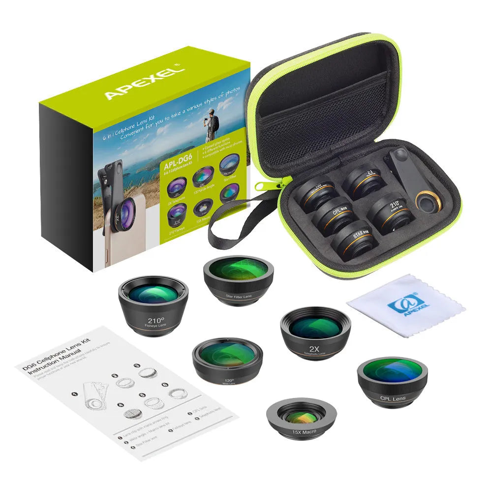 Black 6-in-1 universal smartphone lens kit with fisheye, macro, wide-angle, telephoto, CPL and star filter lenses and a clip.