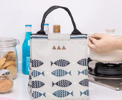 Insulated picnic mini handbag in yellow, light grey, dark grey, and navy blue with cartoon design