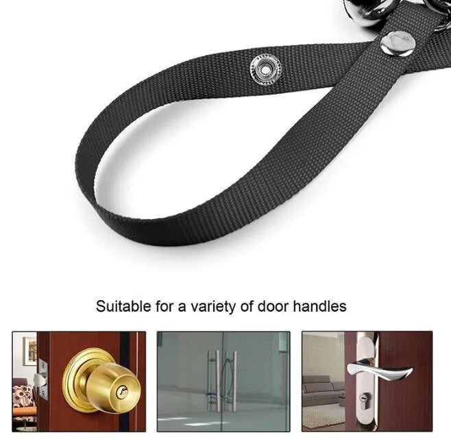 Dog training doorbell with black adjustable rope and bell, 85cm length, for housebreaking