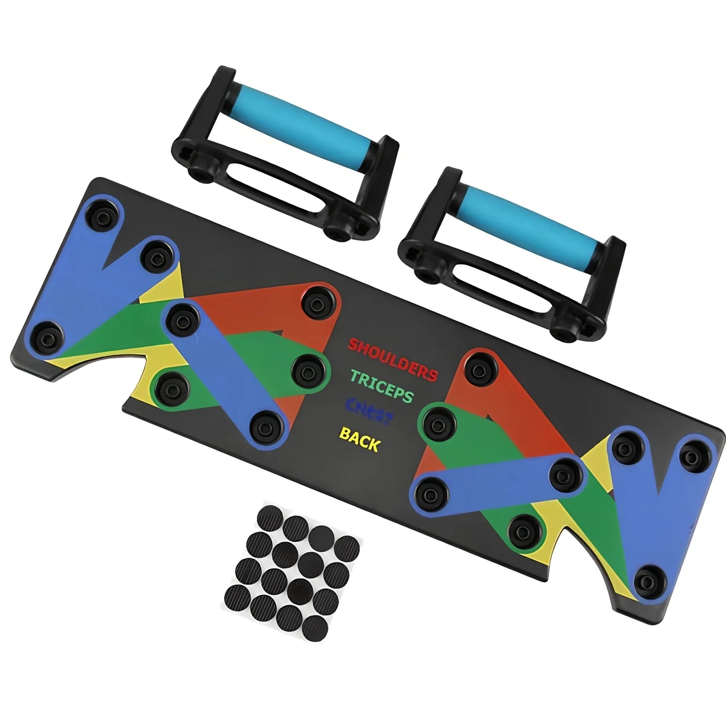 Black 9-in-1 Push-Up Rack Edge with colour-coded plates and silicone handles for upper body training, 60 x 18.5 x 2 cm size
