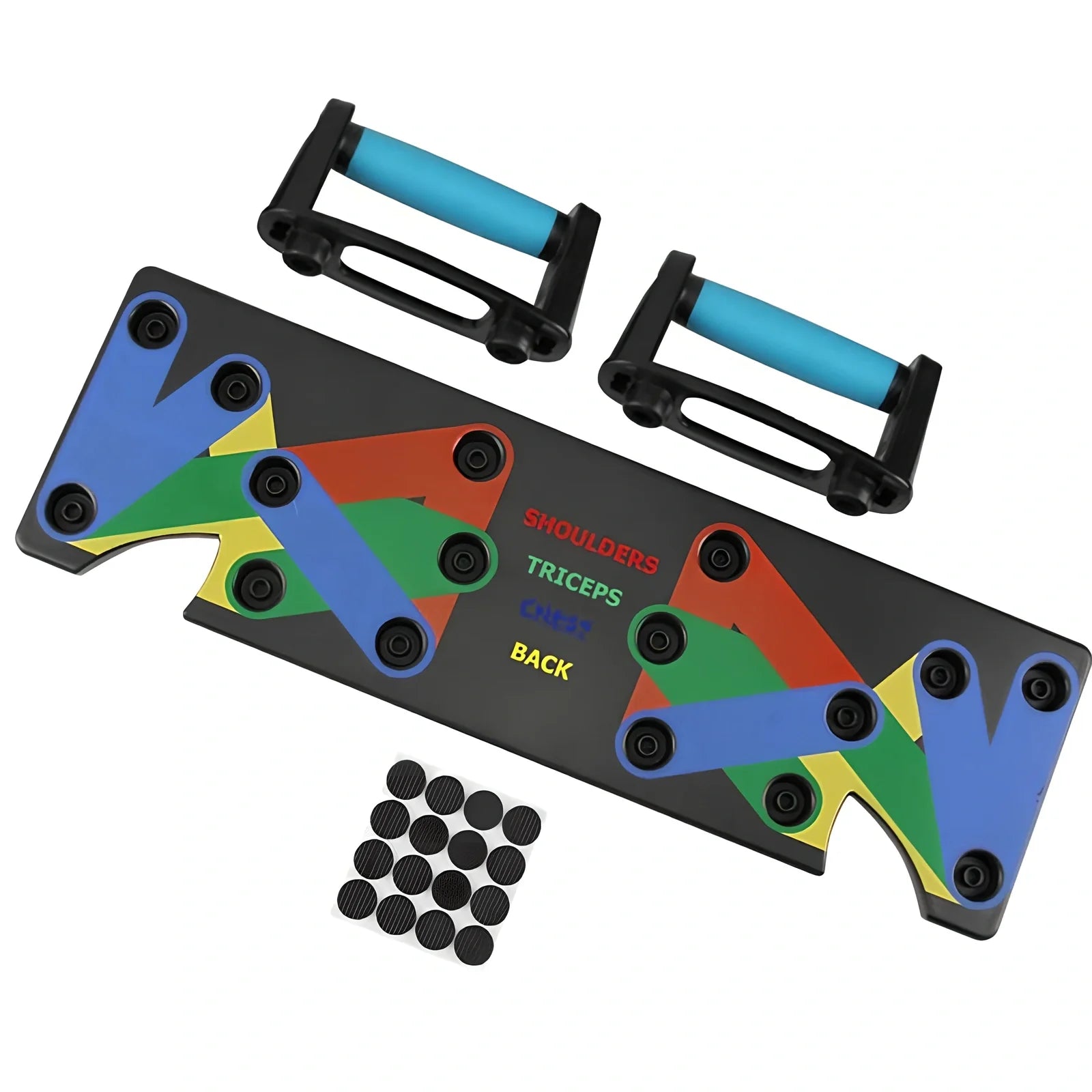 Black 9-in-1 Push-Up Rack Edge with colour-coded plates and silicone handles for upper body training, 60 x 18.5 x 2 cm size