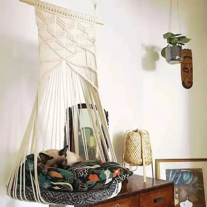 Handmade macrame pet swing cage cotton bed rectangular shape plain pattern European style