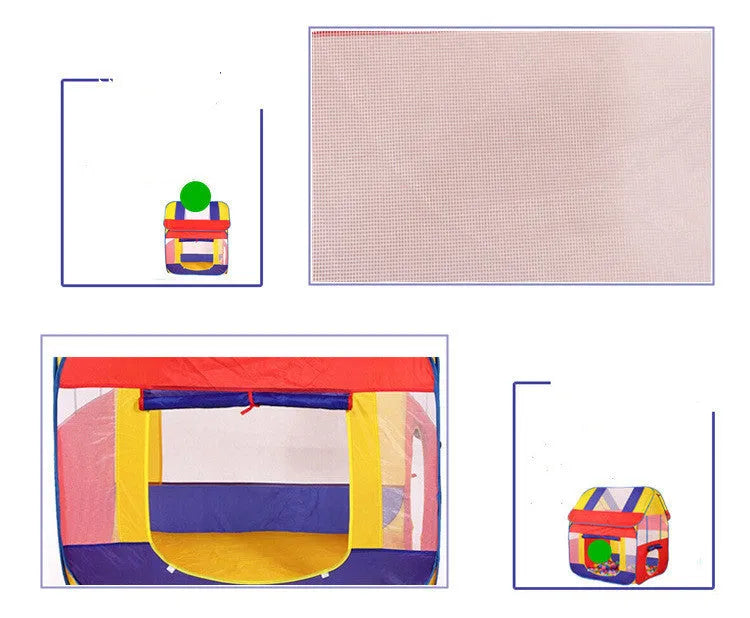 Large blue children's play tent with roll-up mosquito curtain in garden setting
