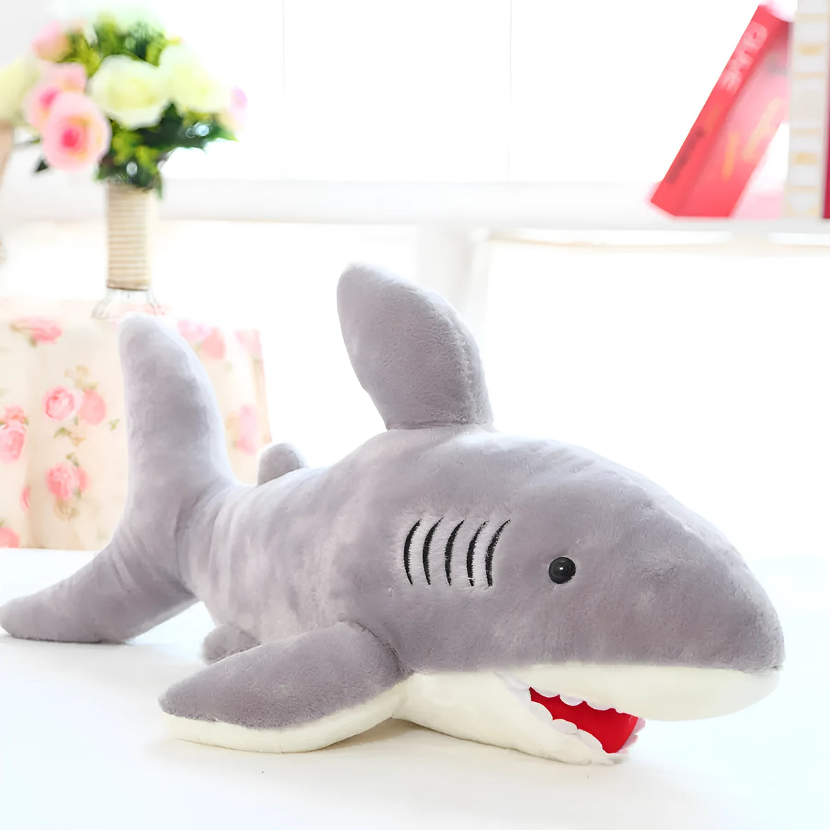Grey shark plush toy 70cm long with short plush fabric and PP cotton filling, front view