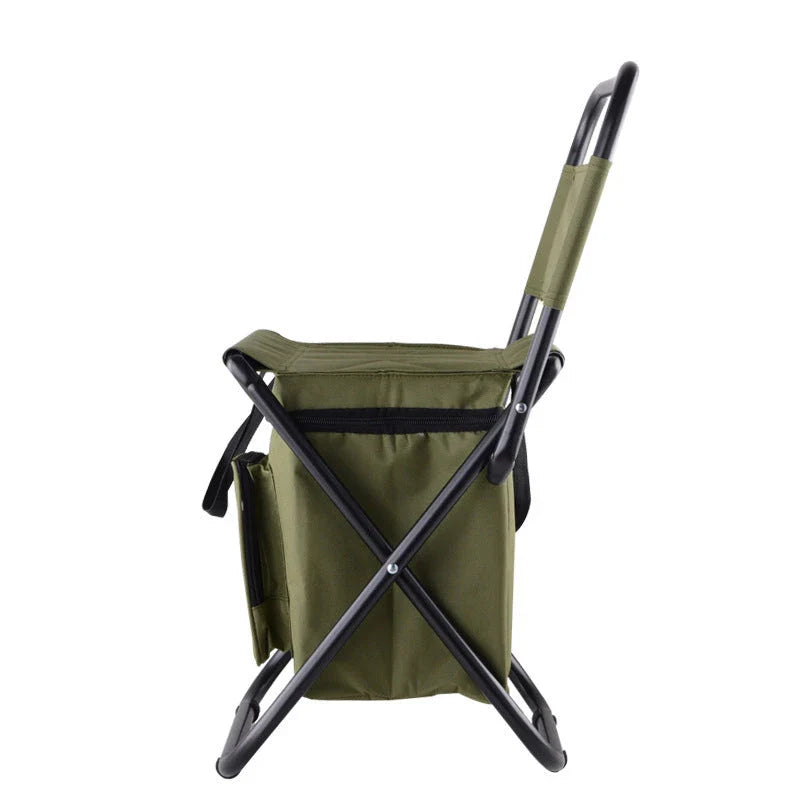 Versatile fishing chair with built-in refrigerator compartment, designed for outdoor comfort and convenience