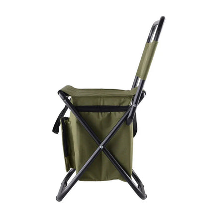 Versatile fishing chair with built-in refrigerator compartment, designed for outdoor comfort and convenience