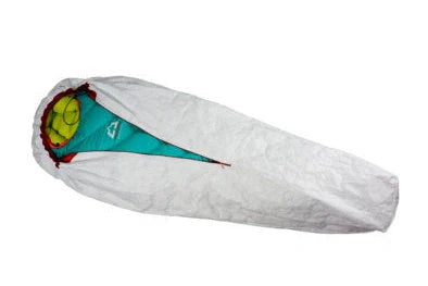 White rectangular camping sleeping bag made from DuPont TYVEK material showing 230cm length dimensions