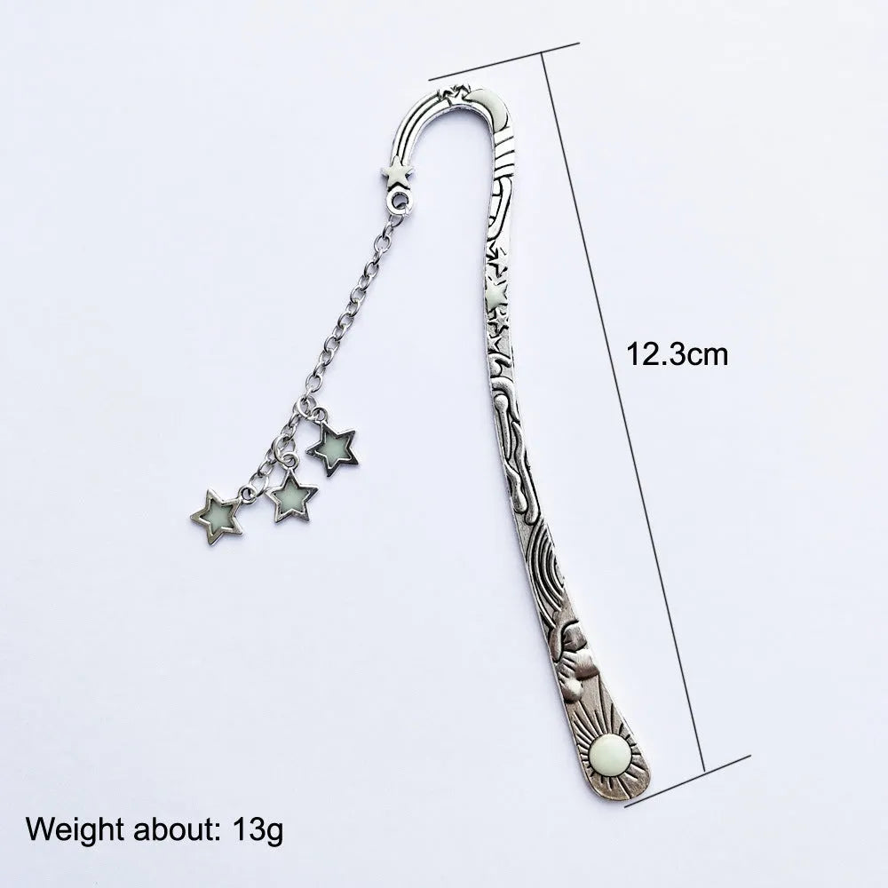 Retro celestial metal bookmark with glow-in-the-dark five-pointed star and sun moon stars design