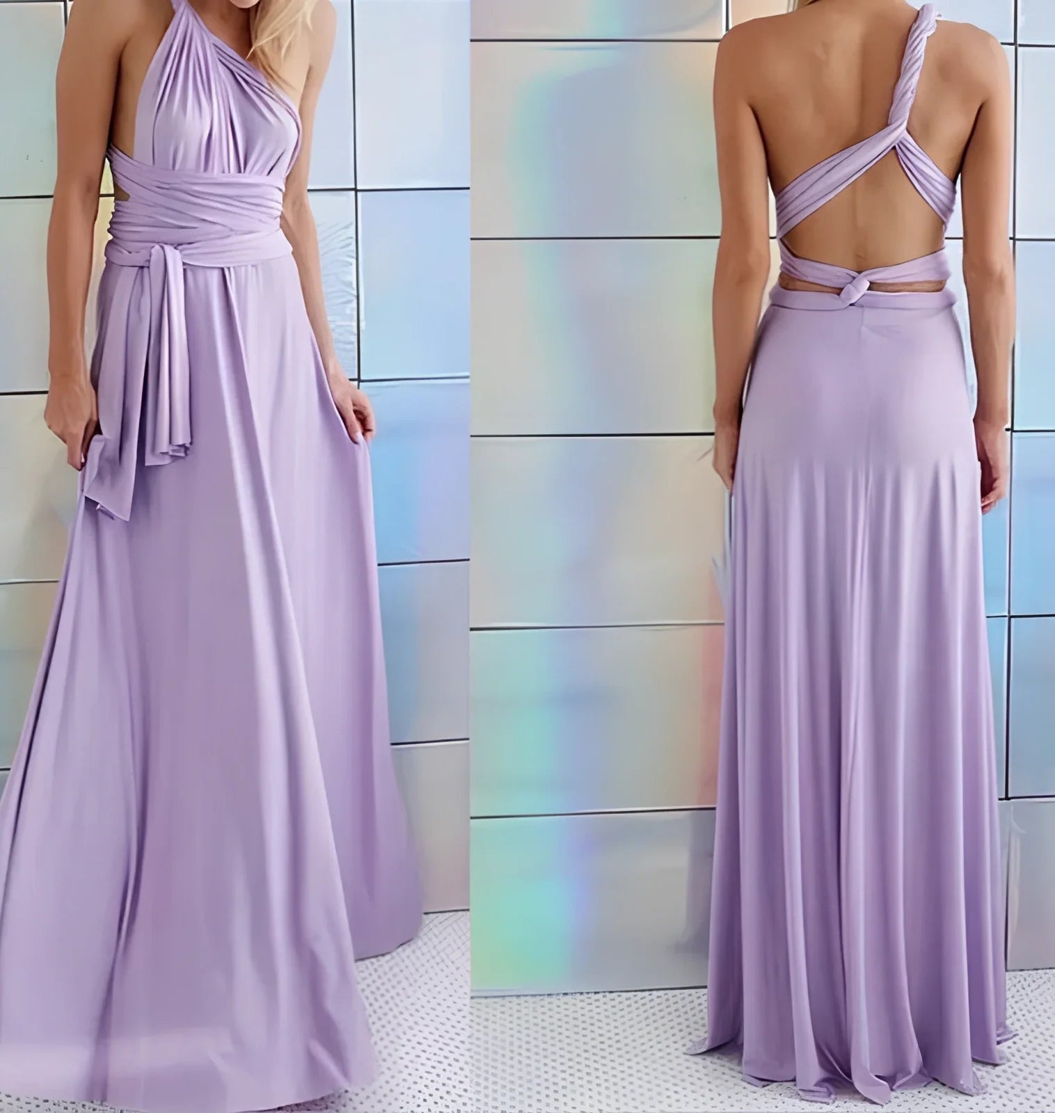 Women's khaki multiway bandage maxi dress with long straps, backless lace design, floor-length 158cm swing skirt in polyester milk silk