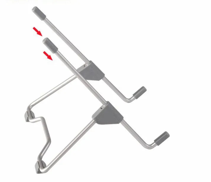 Grey aluminium and plastic mobile phone and laptop stand on a wooden desk.