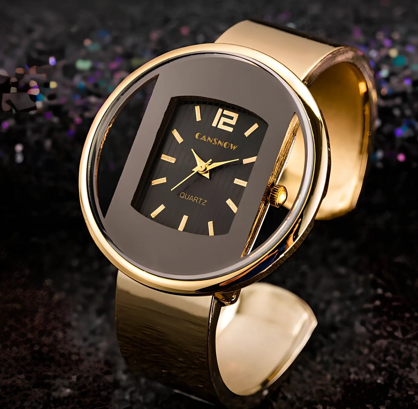 Women's gold black quartz cuff watch with 40mm dial, adjustable steel band 18mm wide, precise movement and water resistant