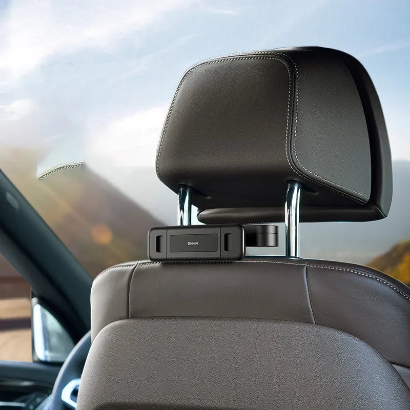 Black universal car backseat cell phone stand mounted behind seat for hands-free use