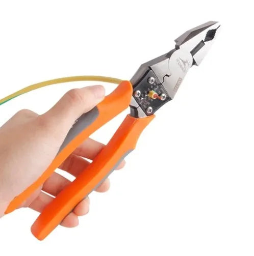 Orange 9-inch multi-function wire cutter pliers with chrome steel crimping head and textured PVC handles.