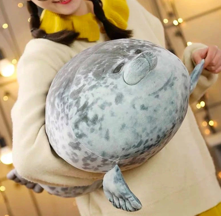 Large grey and white seal plush toy in various sizes for decoration and cuddling