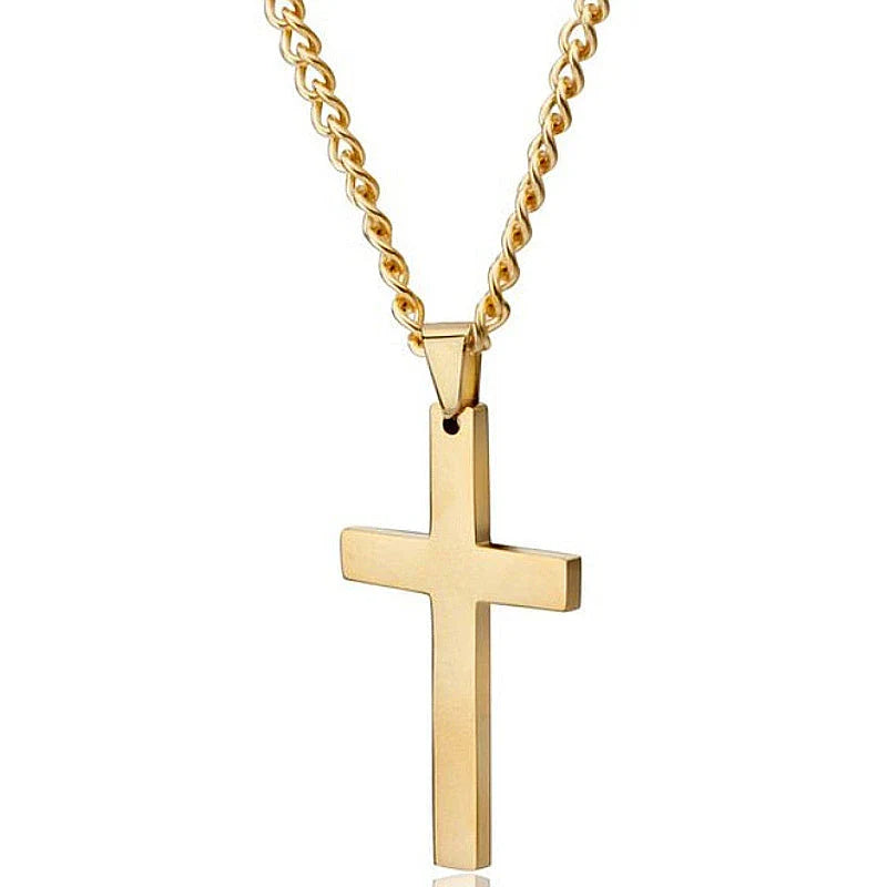 Stainless steel cross pendant necklace for men, available in black, silver, and gold finishes