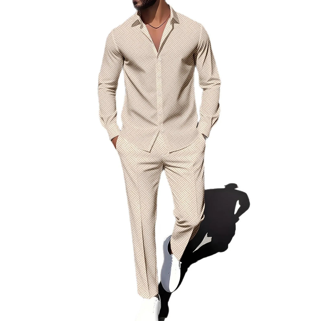 Men's plaid square grain print suit set with shirt jacket and trousers in navy blue
