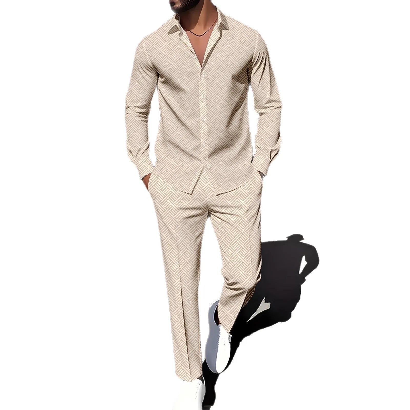 Men's plaid square grain print suit set with shirt jacket and trousers in navy blue