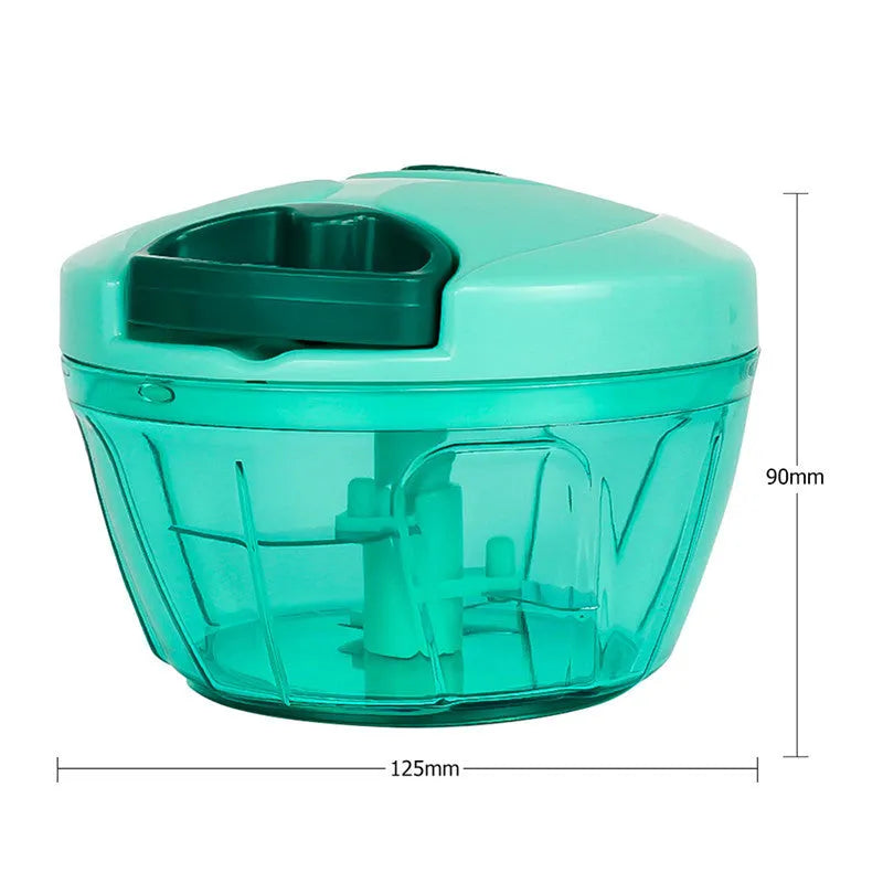 Green manual kitchen chopper and meat grinder with three stainless steel blades and 500ml capacity