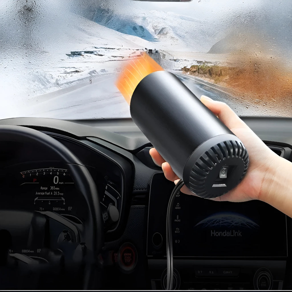 Portable 150W car heater with 360-degree rotating bracket, black and grey, 15x7cm, for defrosting and defogging vehicle windscreens