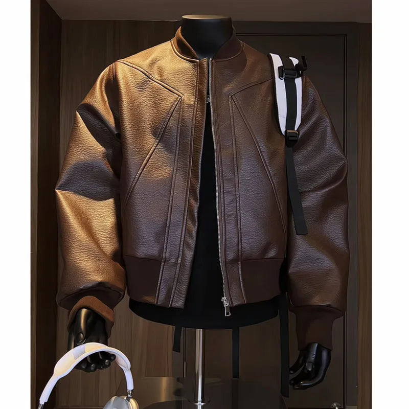 Men's black PU leather jacket with extended length and slim fit design