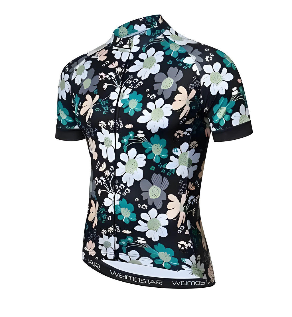 Bloom cycling jersey short sleeve in front view with Bloom print, available in sizes XS to 3XL