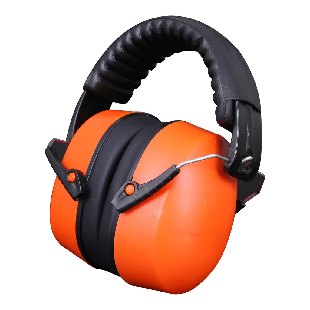 Orange adjustable protective earmuffs with breathable fabric ear cushions on a white background.