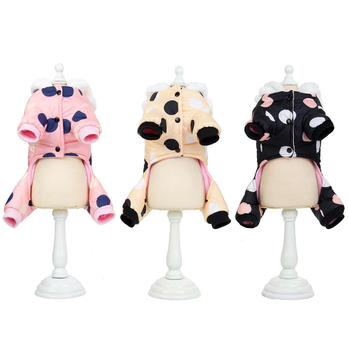Big polka dot cotton coat with four-leg design in pink, black, and light yellow