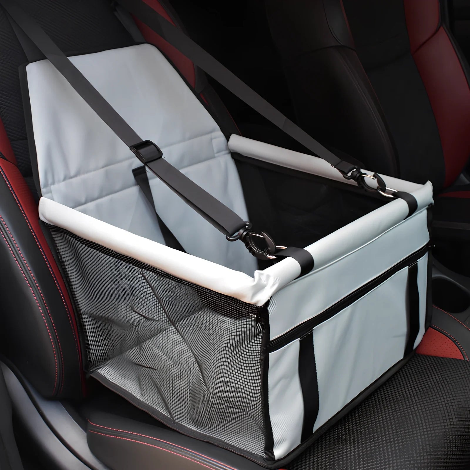 Waterproof pet car mat with headrest straps installed in vehicle, showing storage compartment and dimensions 400x300mm