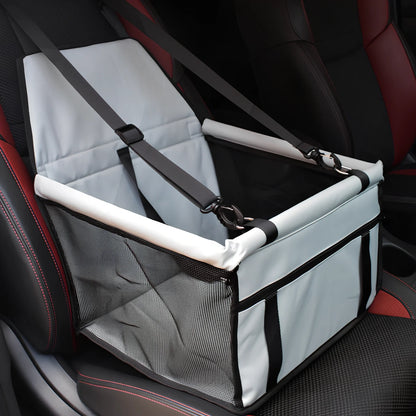 Waterproof pet car mat with headrest straps installed in vehicle, showing storage compartment and dimensions 400x300mm