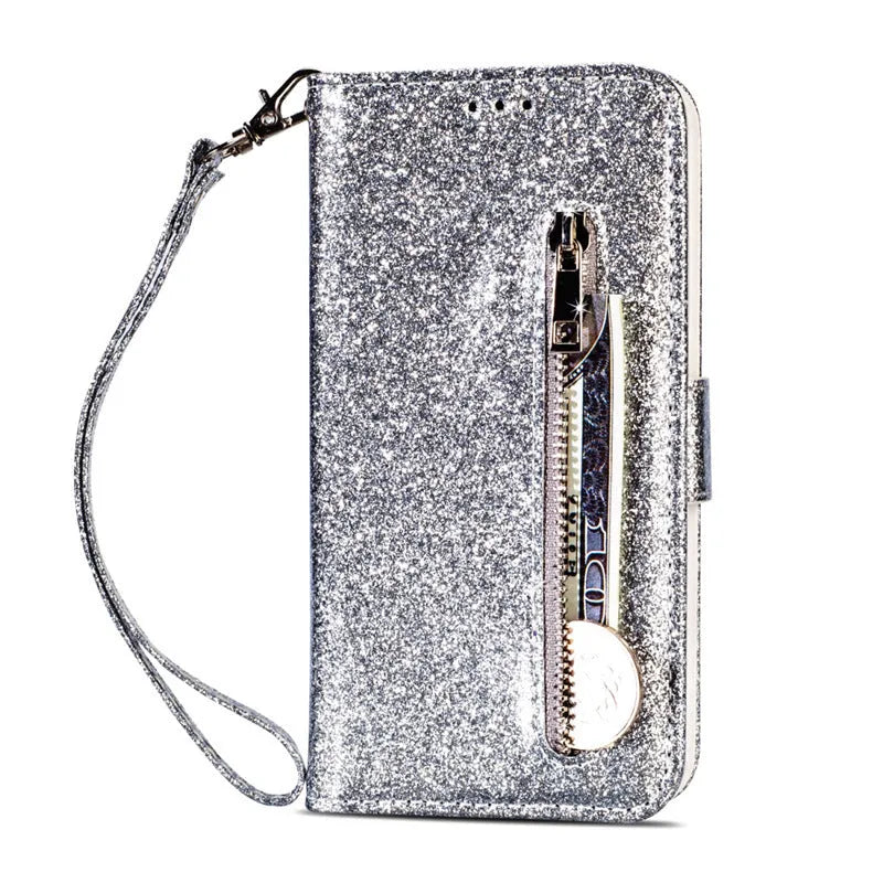 Black PU leather zipper wallet case for iPhone with card slots visible and zip open.