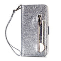 Black PU leather zipper wallet case for iPhone with card slots visible and zip open.