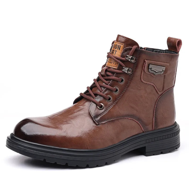 Men's Fashion Haulage brown cowhide leather booties low heel 1-3cm side view