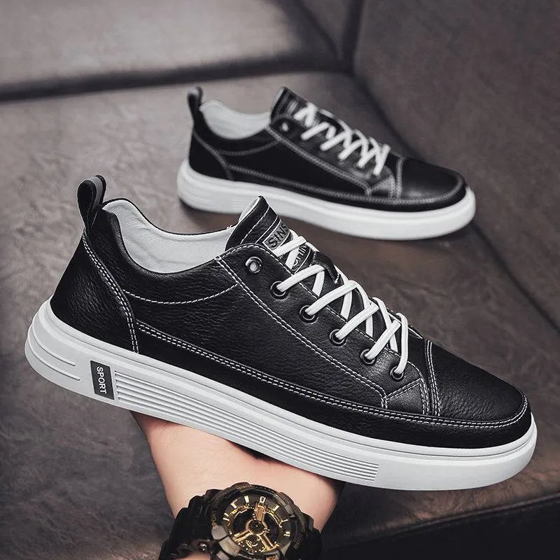 Men's casual white PU shoes with Korean-style design, round toe and flat low heel