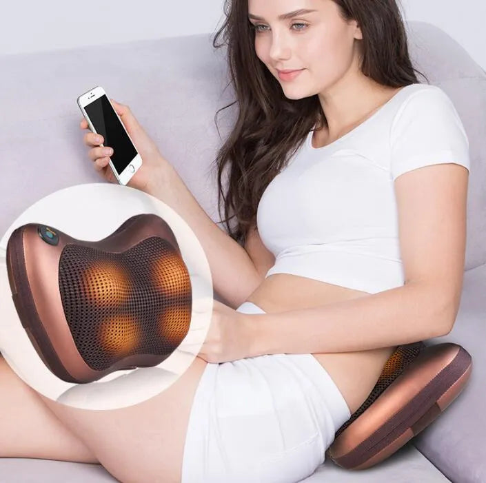Electric infrared heating kneading massage pillow in black PU leather with shiatsu massage heads and car strap