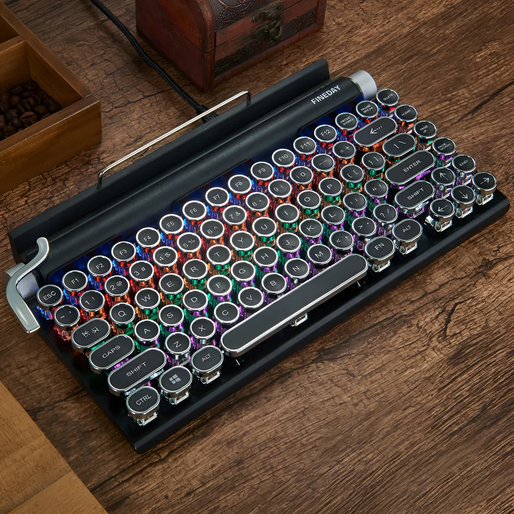Black retro style mechanical keyboard with backlit keys and Bluetooth connectivity