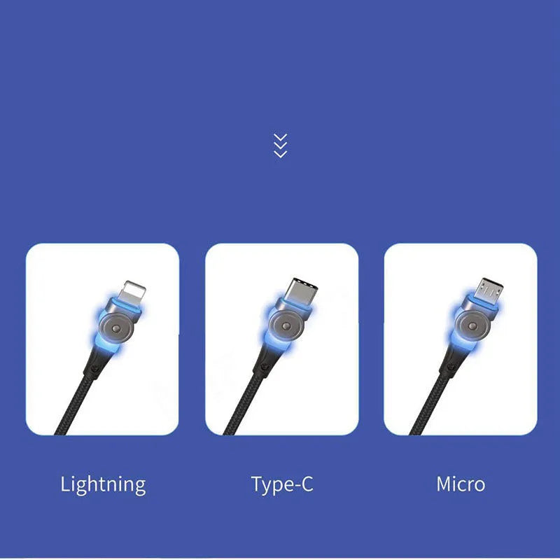 Black 1m data cable with 180° rotating zinc alloy connector compatible with Apple and Android devices