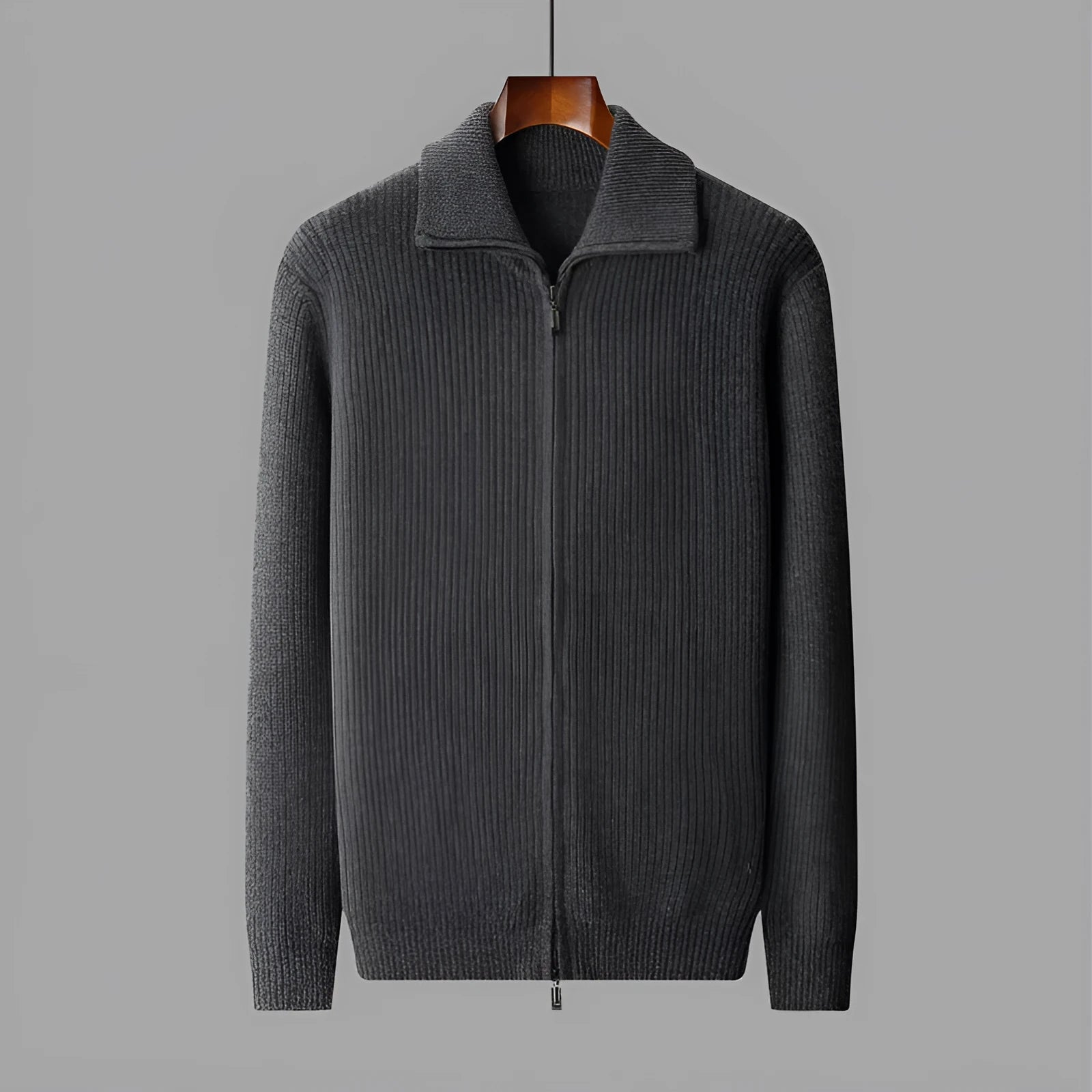 New pure wool zipper cardigan for men in dark gray with lapel collar and front zip, shown on a model