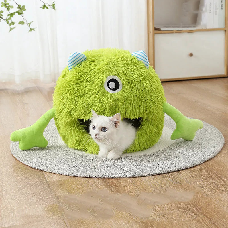 Fluffy round plush cat bed with non-slip base shown in three size options