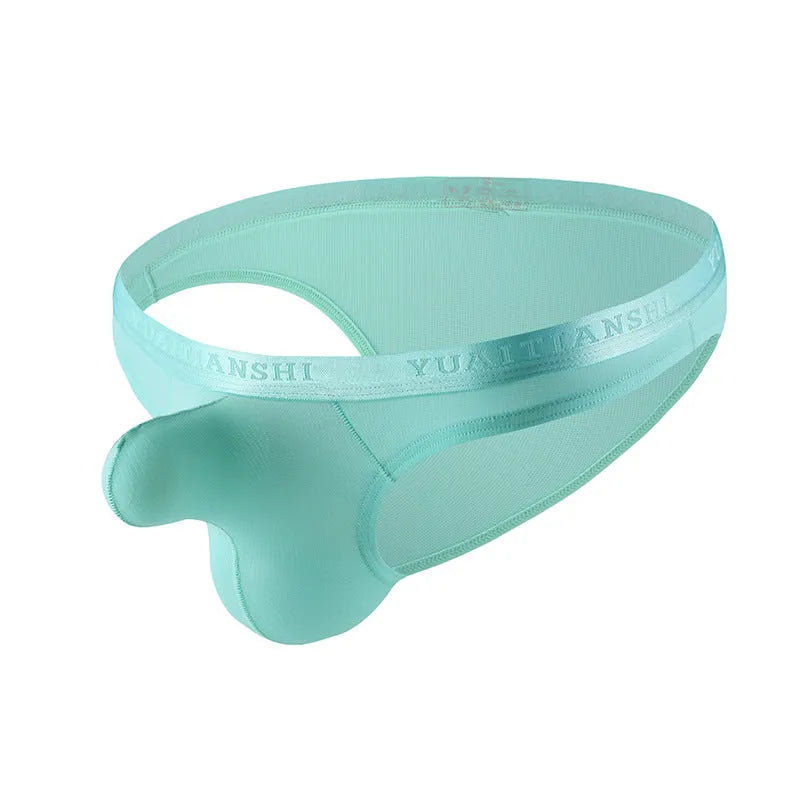 Men's solid colour thin nylon underwear in dark sky blue, showing low waist design.