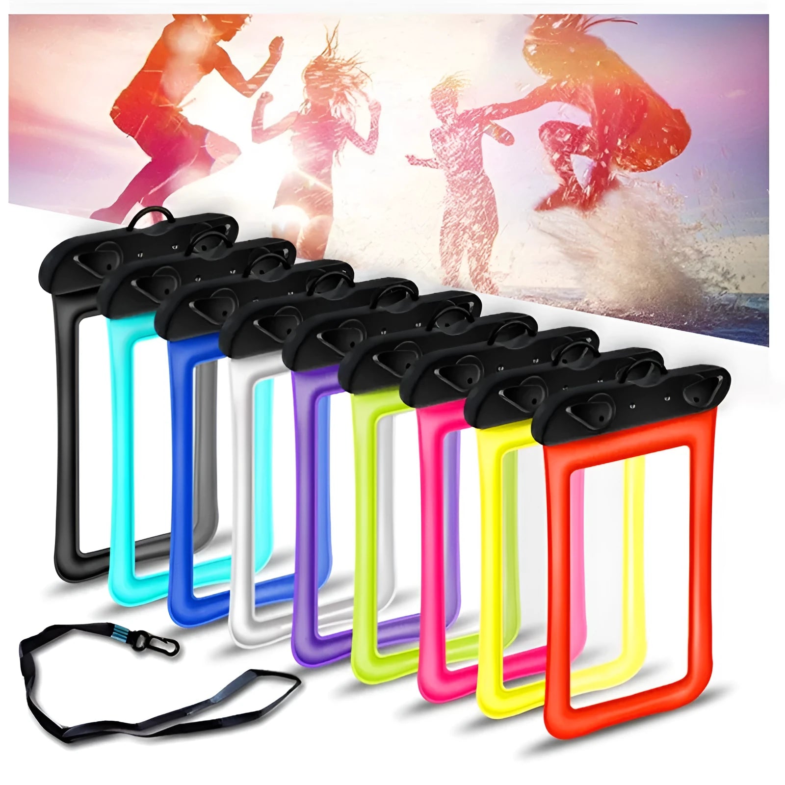 Transparent waterproof phone pouch with neck rope in multiple colour options