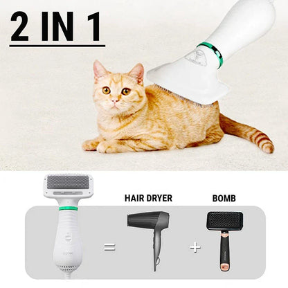 2-in-1 pet drying brush and hair dryer comb with adjustable heads for efficient grooming
